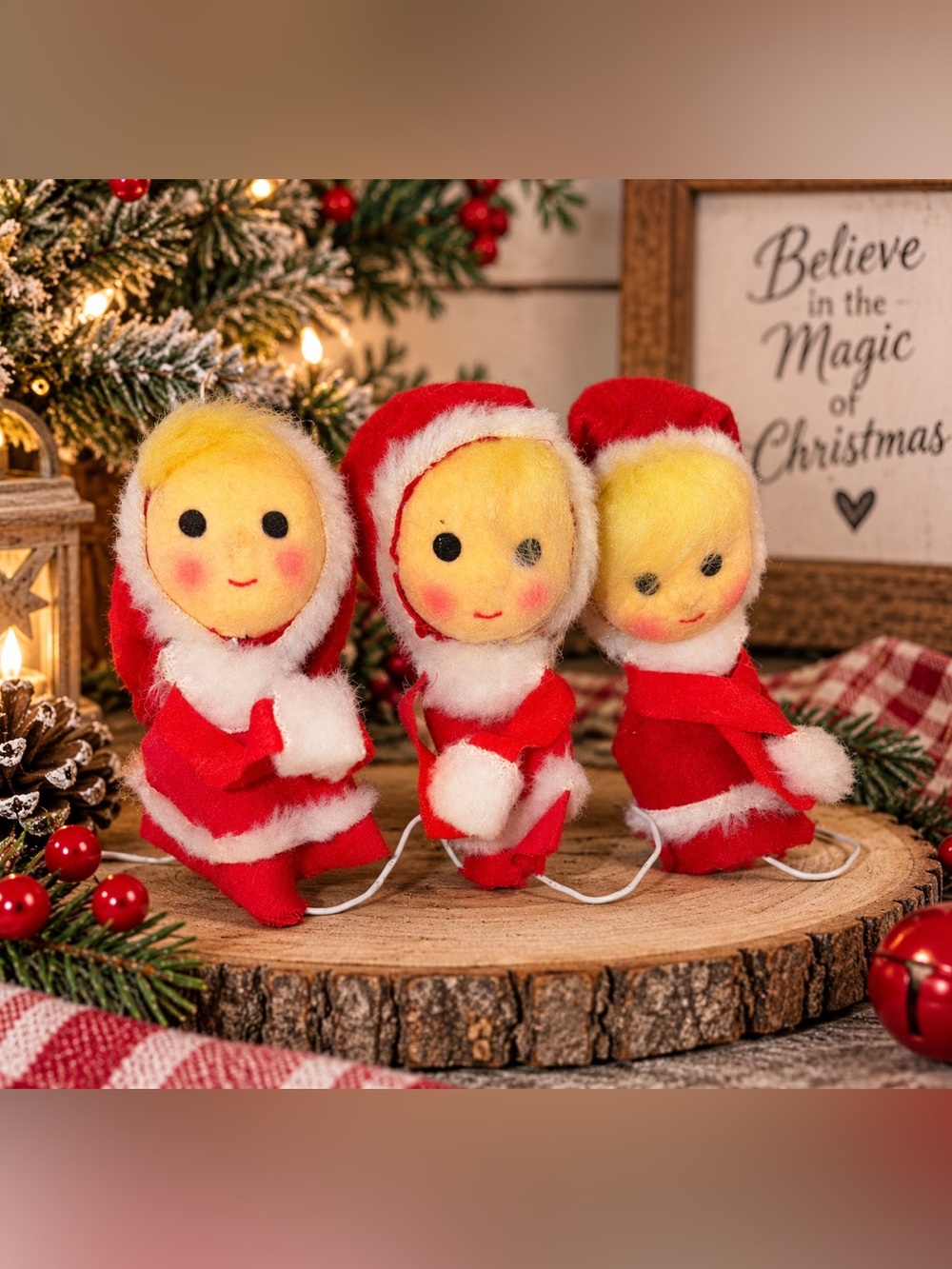 Vintage Mrs Claus Christmas Dolls Set of 3 Felt Japan Style Mid Century Kitsch